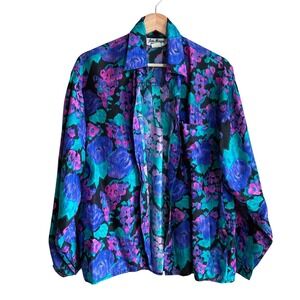 Jeri Marque New York Vintage Silk Blouse M Multicolor Women Abstract Floral